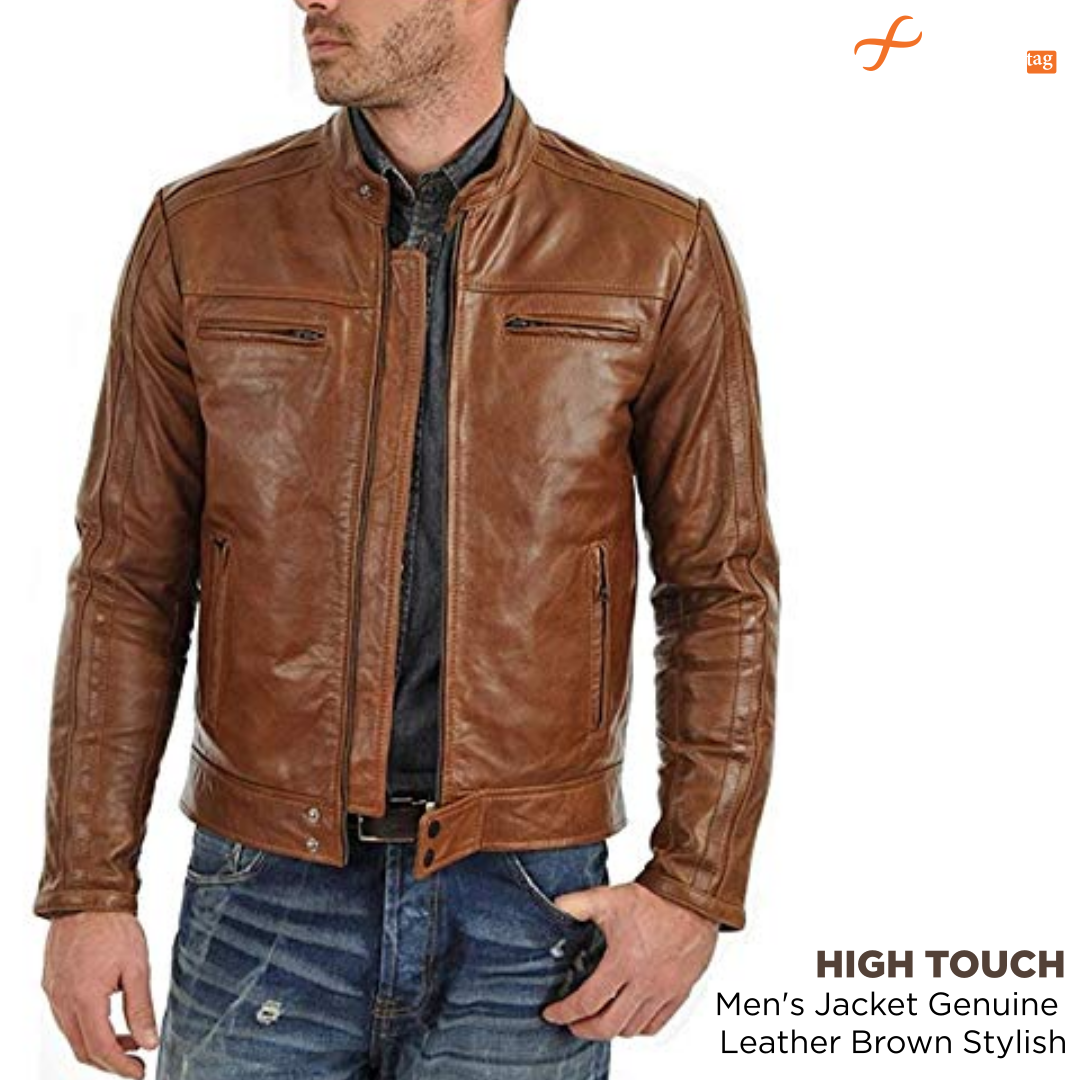 HIGH TOUCH Men's Jacket Genuine Leather Brown-Original leather jackets for Men