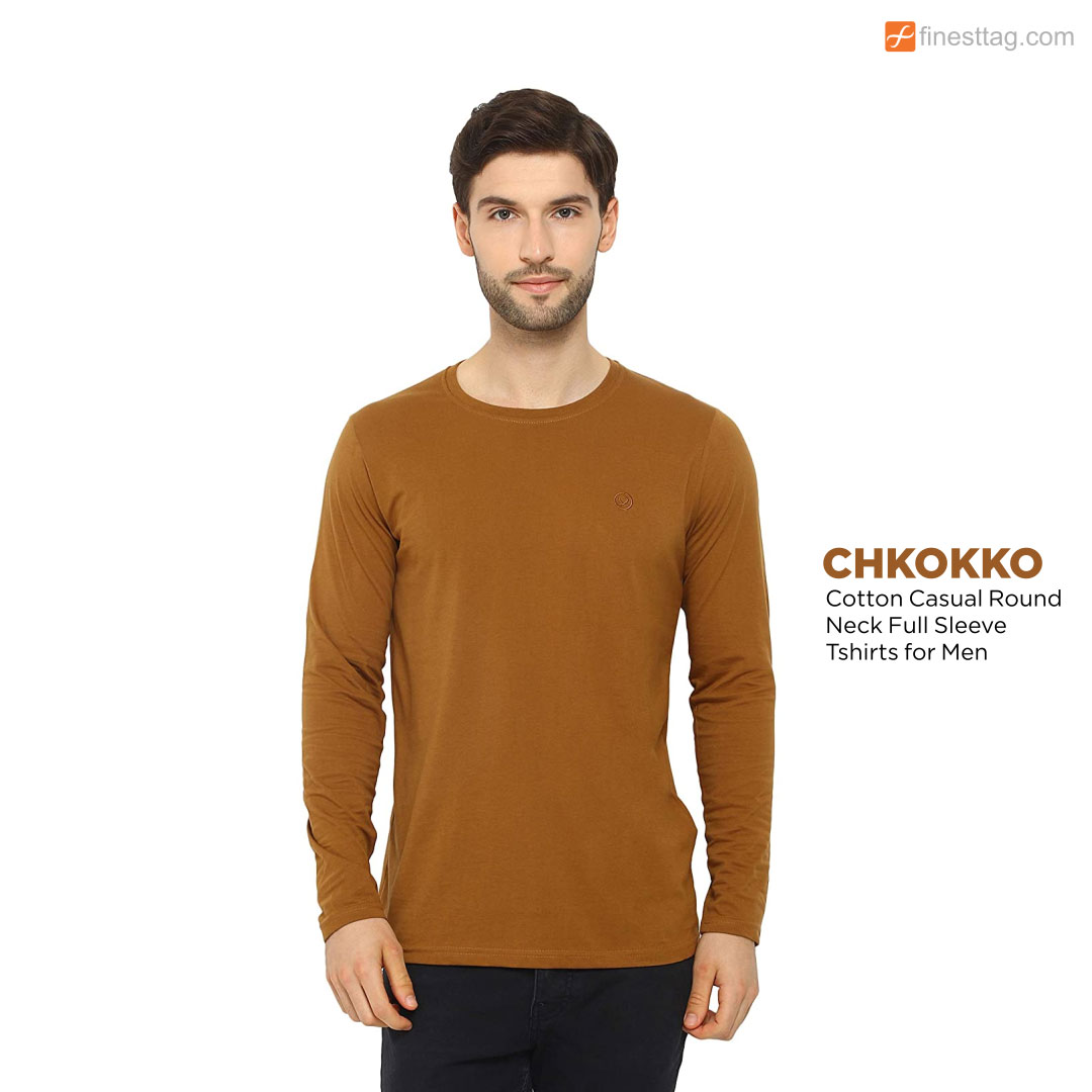 CHKOKKO Cotton Casual Round Neck Full Sleeve Tshirts for Men-Full sleeve round neck t-shirts for men