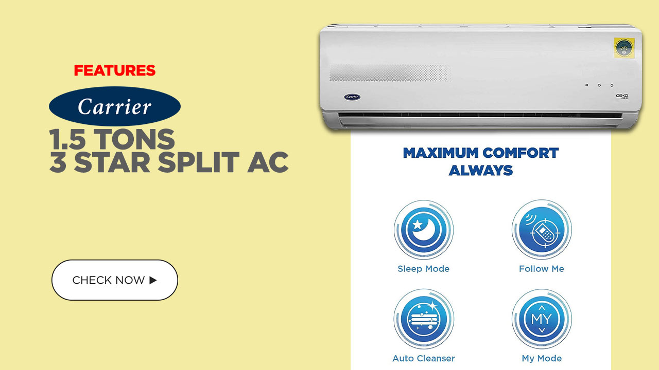 Carrier 1.5 Tons 3 Star-features | Review, Split AC (CAS18EK3R30F0 ESKO NEO, White) @Best Price in India