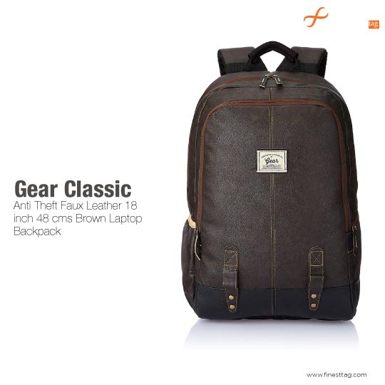 Gear Classic Anti Theft Faux Leather 18 inch 48 cms Brown Laptop Backpack-best laptop backpack for Men & Women